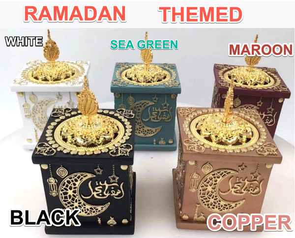 Ramadan Theme Limited Edition Non Electric Fancy Bakhoor Burner with Metal Lid Decoration Mabkhara Incense Burner Aromatherapy Ornament for Home Decor - Oud Wood Chip Burner Gift Positive Energy