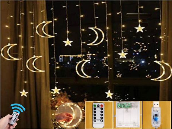 Holiday String Lights, Curtain Lights 138 LED Big Moon Window String Curtain Lights with Stars 8 Flashing Modes | Remote Control | Battery Pack and USB