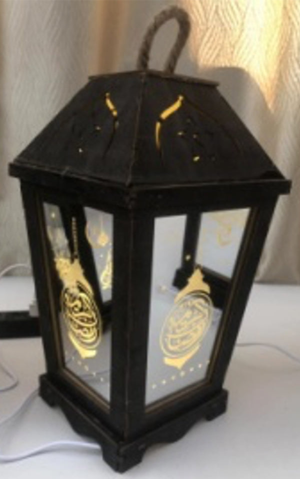 Ramadan Lanterns Iftar Favors Eid Muslim Festive Decorations Ramadon Lantern Lights Eid Crafts LED Night Light for Iftar Gifts Home Table Bedroom Gift Party Festival with LED Light (BlkWd) 12"X6" [New Arrival]