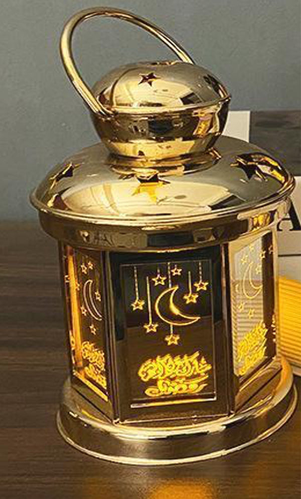 Ramadan Lanterns Eid Muslim Festive Decorations Ramadon Lantern Lights Eid Crafts LED Night Light for Iftar Gifts Home Table Bedroom Gift Party Festival with LED Light (Gold_Sm) 6"x4" [New Arrival]