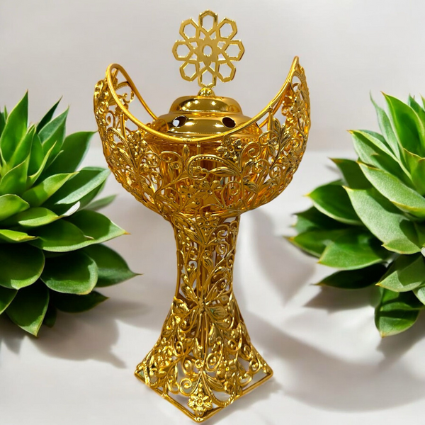 Gold Non-Electric Bakhoor Incense Burner 13x6 Inch Traditional Arabic Style Charcoal Holder for Home Office Spa Décor