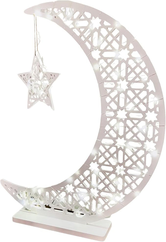 Ramadan Moon Star Light Stand, Ramadan Welcome Night Lights, Muslim Crescent Tree Décor, Islamic Table Décor, Big Wooden Moon Star with LED Fairy Lights