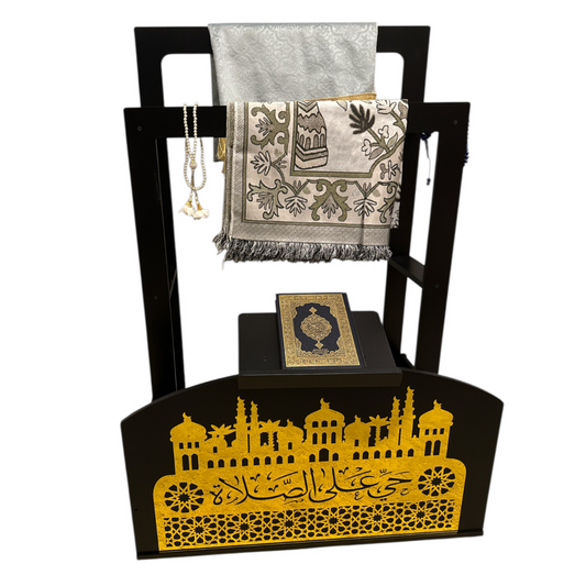 Black & Gold Wooden Quran & Prayer Rug Stand with Arabic Calligraphy – Islamic Decorative Holder for Home, Mosque & Eid Gifts