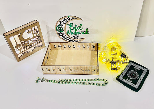 Eid Party Serving Tray Eid Mubarak Food Platter Serving Tray DIY Tray + Eid Mubarak LED Back-lit Light+ Fanous String Lights10pcs/set + Pocket Prayer Mat & Prayer Beads, Tasbih Ramadan