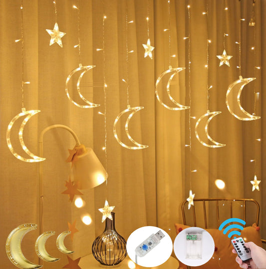 Holiday String Lights, Curtain Lights 138 LED Big Moon Window String Curtain Lights with Stars 8 Flashing Modes | Remote Control | Battery Pack and USB