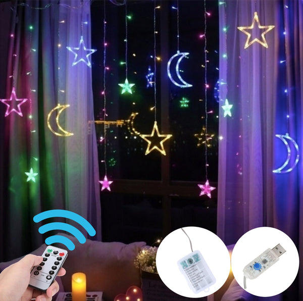 138 String Light Moon Star Ramadan LED Curtain Style Fairy Lights, Eid Decor, Ramadan Welcoming Decoration with USB + Battery+ Remote Control | 12 Legs of Moon/Star per Set