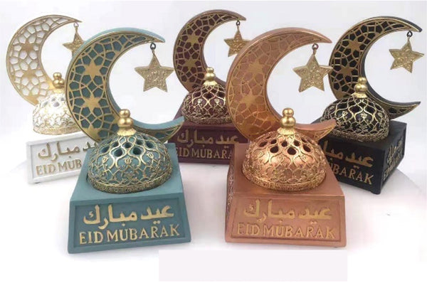 Eid MubarakTheme Limited Edition Non Electric Fancy Bakhoor Burner Ramadan Crescent Shape with Star and Decorative Lid Mabkhara Incense Burner Aromatherapy Ornament for Home Decor Positive Energy