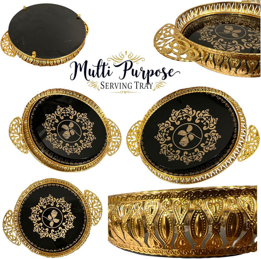 Pack of 2 Metal Serving Tray Decorative Coffee Table Tray Vanity Platter Decorative Tray with Glass Insert Metal Mirrored Tray with Gold Finish 11.5 Diameter & Height 2.5 (Gold_Oval Tray, Large)