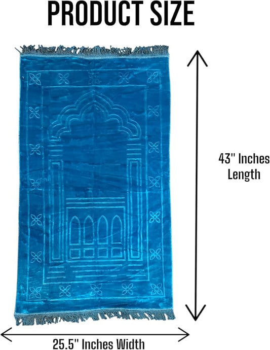 Muslim Prayer Mat Soft Plush Polyester Material with Tasbih/Dhikr Beads Embossed Print Travel Gift Islamic Prayer/Salah Mat Portable Light Weight for Adults Muslim Janaamaz 43”x25.5” (Light Blue)