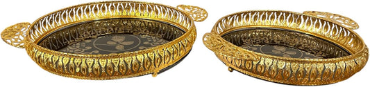 Pack of 2 Metal Serving Tray Decorative Coffee Table Tray Vanity Platter Decorative Tray with Glass Insert Metal Mirrored Tray with Gold Finish 11.5 Diameter & Height 2.5 (Gold_Circular Tray, Small)