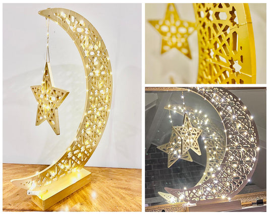 Ramadan Moon Star Light Stand, Ramadan Welcome Night Lights, Muslim Crescent Tree Décor, Islamic Table Décor, Big Wooden Moon Star with LED Fairy Lights