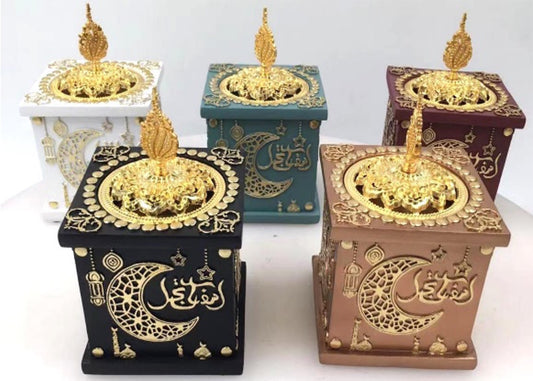 Ramadan Theme Limited Edition Non Electric Fancy Bakhoor Burner with Metal Lid Decoration Mabkhara Incense Burner Aromatherapy Ornament for Home Decor - Oud Wood Chip Burner Gift Positive Energy