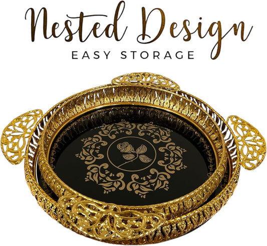 Pack of 2 Metal Serving Tray Decorative Coffee Table Tray Vanity Platter Decorative Tray with Glass Insert Metal Mirrored Tray with Gold Finish 11.5 Diameter & Height 2.5 (Gold_Circular Tray, Large)