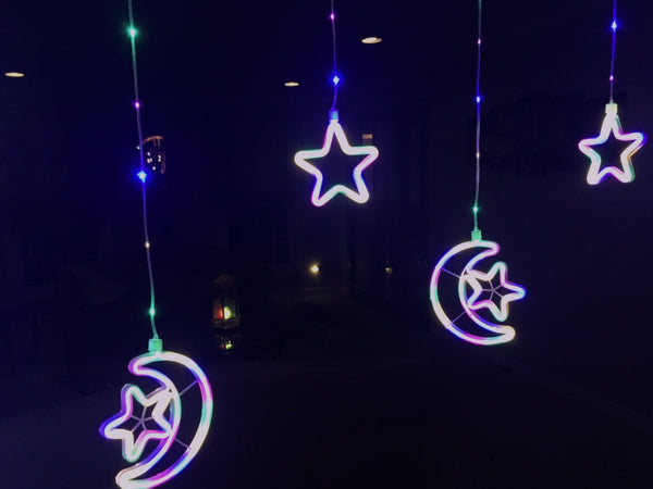 Ramadan Festive String Light Waterproof Moon Star, LED NEON Eid Party Light Decoration with US Plug 60 LED Lights and 9 NEON Lights with 8 Modes ~8+ feet 9 legs/set