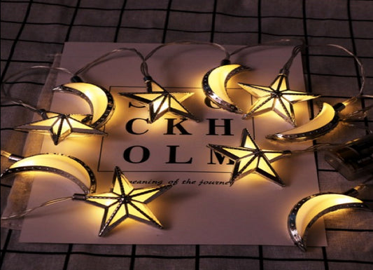 Ramadan LED String Lights 20pc Moon Star Gold Themed Garland Festival Moon Star Lamp Strings Home Decorative Light String for Living Formal Room Bedroom Fireplace Party MoonStar Gold Warm White 20 pcs/set