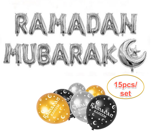 Ramadan Kareem Eid Mubarak Decorations Bunting Aluminum Foil Balloon and Latex Balloons Islamic Muslim EID Balloons Birthday Party Black, Gold & Silver Balloon Aluminum Foil 16" Latex 12" each