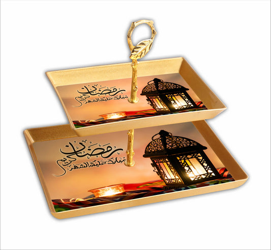 Ramadan and Eid Mubarak Two Tier Fancy Food Serving Tray Sets Ramadan Table Decor Dessert Pastry Party Serving Tray for Fruits Dates
