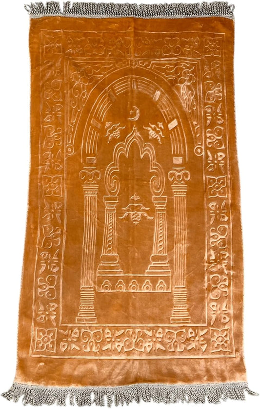 Muslim Prayer Mat Soft Plush Polyester Material with Tasbih/Dhikr Beads Embossed Print Travel Gift Islamic Prayer/Salah Mat Portable Light Weight for Adults Muslim Janaamaz 43”x25.5” (Peach)