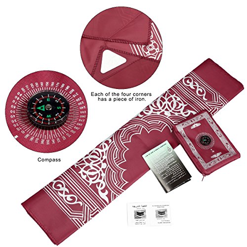 Pocket Prayer Mat Light and Muslim Travel Praying Rug Portable with Compass Muslim Prayer Rug Qibla Finder and Booklet Red Color Islamic Gift Muslim Portable Waterproof