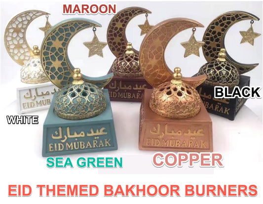 Eid MubarakTheme Limited Edition Non Electric Fancy Bakhoor Burner Ramadan Crescent Shape with Star and Decorative Lid Mabkhara Incense Burner Aromatherapy Ornament for Home Decor Positive Energy