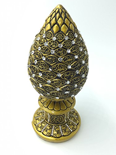 Islamic Hajj Eid Gift Decor' Golden 99 Names of Allah Asma ul Husna Egg with White Beads Islamic Table Decor Gold Egg Sculpture Figure Arabic Esma al Husna 7.5"