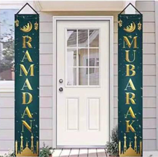 Eid Mubarak Sign Ramadan Kareem Banner Hanging Decor and Multi-Color Ramadan Kareem Balloons for Indoor Outdoor Decoration Islamic Muslim Party Supplies 72"x12" with 14pcs/set