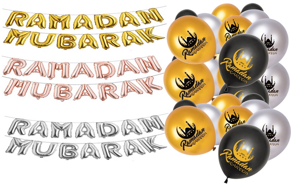 Ramadan Kareem Eid Mubarak Decorations Bunting Aluminum Foil Balloon and Latex Balloons Islamic Muslim EID Balloons Birthday Party Black, Gold & Silver Balloon Aluminum Foil 16" Latex 12" each