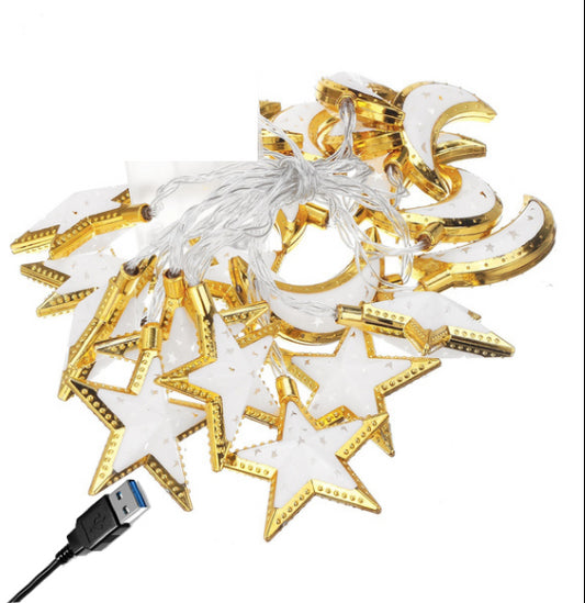 Ramadan LED String Lights 20pc Moon Star Gold Themed Garland Festival Moon Star Lamp Strings Home Decorative Light String for Living Formal Room Bedroom Fireplace Party MoonStar Gold Warm White 20 pcs/set